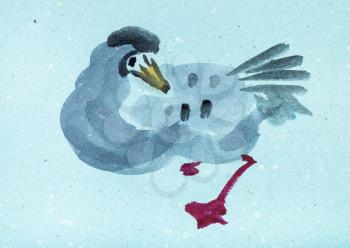 training drawing in suibokuga style with watercolor paints - wild goose on blue colored paper