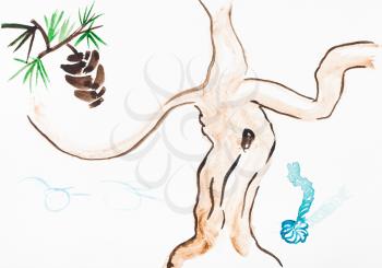 training drawing in suibokuga style with watercolor paints - cedar cone and fairy mandrake root on white paper