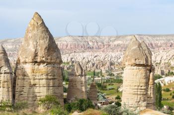Travel to Turkey - fairy chimney rocks in old mountains of Goreme National Park in Cappadocia in spring