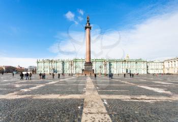 view of Palace Square and Winter Palace in Saint Petersburg city in spring