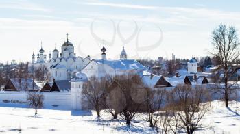 panorama of The Convent of the Intercession (Pokrovsky Monastery) in Suzdal town in winter in Vladimir oblast of Russia
