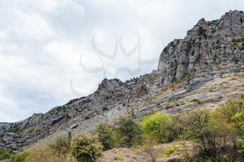 travel to Crimea - view of old rocks at Demerdzhi (Demirci) Mountain from The Valley of Ghosts on Crimean Southern Coast