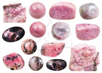 set of various natural mineral rhodochrosite gemstones isolated on white background