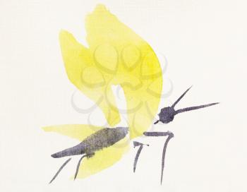 hand painting in sumi-e style on cream paper - butterfly with yellow wings drawn by black watercolors