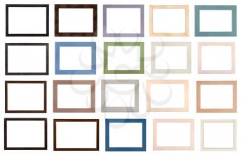 set of modern flat wooden picture frames and various passe-partout with cut out canvas isolated on white background