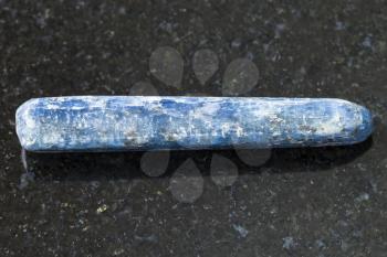 macro shooting of natural mineral rock specimen - polished Kyanite crystal gemstone on dark granite background