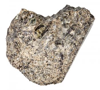 macro shooting of natural mineral rock specimen - raw peridotite stone with Phlogopite mica isolated on white background from Kovdor region, Kola Peninsula, Russia