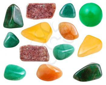 collection of natural mineral specimens - various polished aventurine gemstones isolated on white background