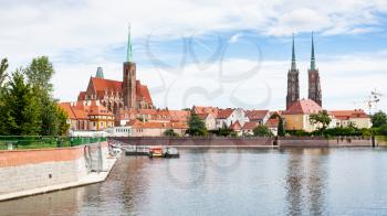 travel to Poland - panorama with Cathedrals and Ostrow Tumski island of Oder River in Wroclaw city in september