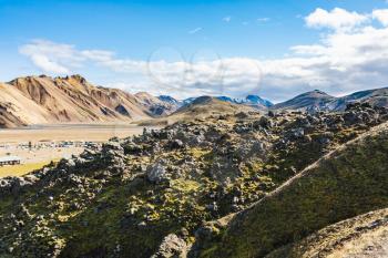 travel to Iceland - mountains and camping in Landmannalaugar area of Fjallabak Nature Reserve in Highlands region of Iceland in september