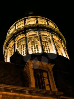 travel to France - illuminated tower of Basilica of Notre-Dame de Boulogne in Boulogne-sur-Mer city in summer night