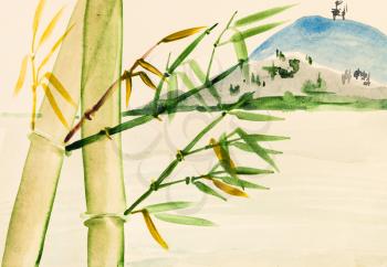training drawing in suibokuga sumi-e style with watercolor paints - bamboo grove and view of mount hand painted on cream colored paper