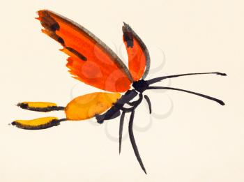 training drawing in suibokuga sumi-e style with watercolor paints - butterfly with red wings hand painted on cream colored paper