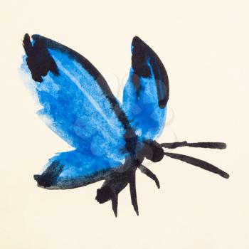 training drawing in suibokuga sumi-e style with watercolor paints - butterfly with blue wings hand painted on cream colored paper