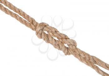 academic knot, variation of surgeon's knot, double reef knot joining two ropes isolated on white background