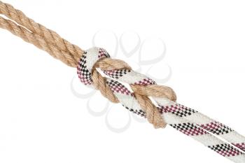 academic surgeon's knot, double reef knot joining two ropes isolated on white background