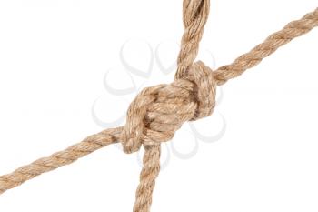 another side of hunter's bend knot joining two ropes close up isolated on white background