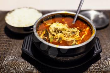 korean cuisine - yukgaejang (hot and spicy soup with beef, eggs, mushrooms, starch noodles, scallions, ferns, bean sprouts, served with boiled rice) in metal bowl with spoon in local restaurant
