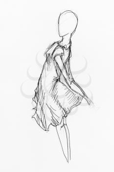 sketch of female figure in billowing dress hand-drawn by black pencil and ink on white paper