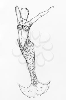 figure of mermaid with fish tail hand-drawn by black pencil and ink on white paper