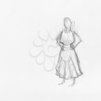 sketch of female figure in long rural dress hand-drawn by black pencil on white paper
