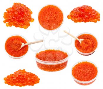 set from plastic containers with salted russian red caviar of salmon fishes isolated on white background