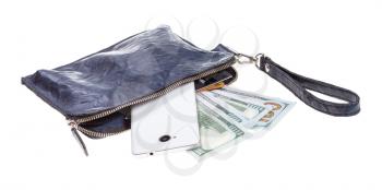 open small blue leather wristlet pouch bag with phone, credit cards and dollars isolated on white background