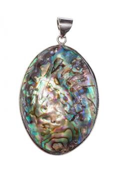 iridescent natural abalone shell in pendant isolated on white background