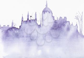 silhouette of Budapest city with palace hand painted by watercolour paints on white textured paper