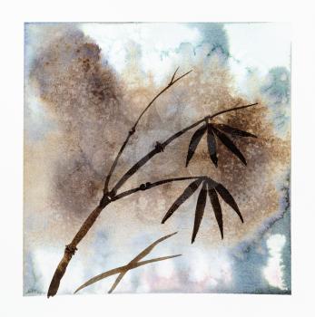 twig of bamboo on abstract colored background with salt stains hand-drawn by watercolours on white textured paper