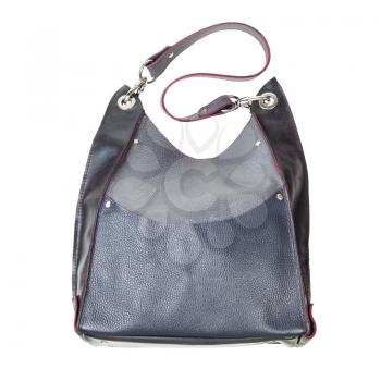 handmade gray leather handbag with big pocket and red edges isolated on white background