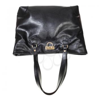 handmade black leather shopper bag with brass clasp isolated on white backgroud