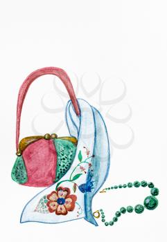 still-life with ladies accessories hand-drawn by watercolours and color pencils on white paper