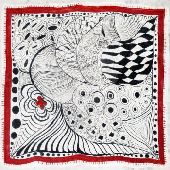 textile background - gray silk scarf with hand-drawn abstract picture