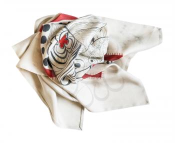 wrapped gray silk scarf with hand-drawn abstract picture isolated on white background