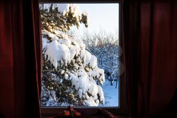 view of snowbound backyard through window on country house in cold sunny winter evening