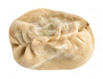 top view of single cooked Manti (steamed dumpling stuffed with minced meat and chopped onion in central asian cuisine) isolated on white background