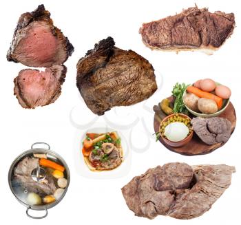set of boiled and baked pieces of beef isolated on white background