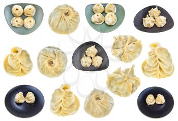 set of various steamed Mongolian dumpling Buuz filled with minced meat isolated on white background