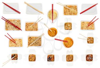 collection of asian fast foods in disposable boxes isolated on white background
