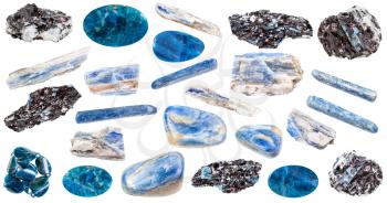 collection of various Kyanite natural mineral gem stones and samples of rock isolated on white background