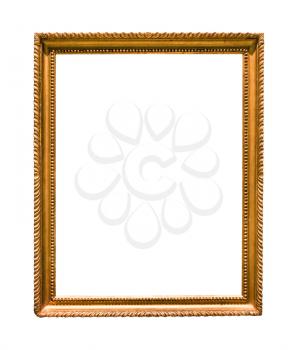 vertical narrow vintage wooden painting frame with cutout canvas isolated on white background