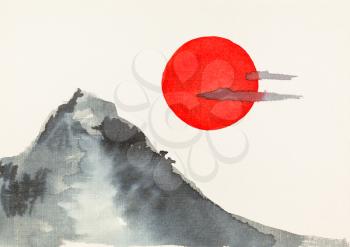 mount and red sun hand-drawn by watercolors on embossed cream paper in sumi-e (suibokuga) style