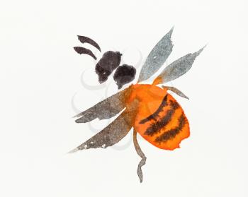 orange bee hand-drawn by watercolors on creamy-white paper in sumi-e (suibokuga) style