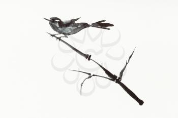 training drawing in sumi-e (suibokuga) style with watercolor paints - bird on reed twig is hand drawn on creamy paper