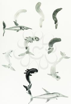 training drawing in sumi-e (suibokuga) style with watercolor paints - sketches of various fishes are hand drawn on creamy paper
