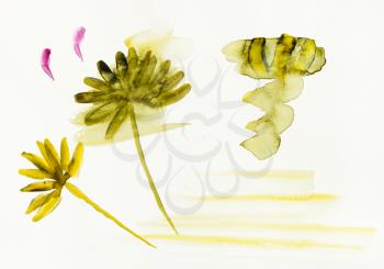 training drawing in sumi-e (suibokuga) style with watercolor paints - sketch of flowers are hand drawn on creamy paper