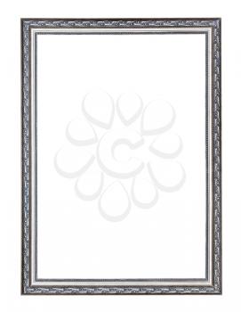 empty narrow silver carved wooden picture frame with cut out canvas isolated on white background