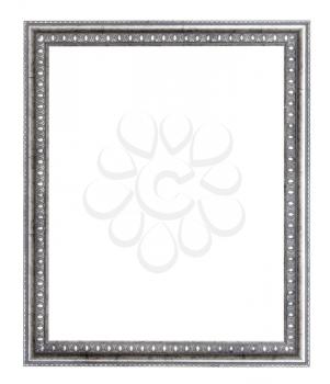 empty wide silver carved wooden picture frame with cut out canvas isolated on white background