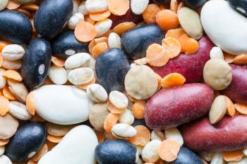 food background - beans, lentils and pearl barley mix close up